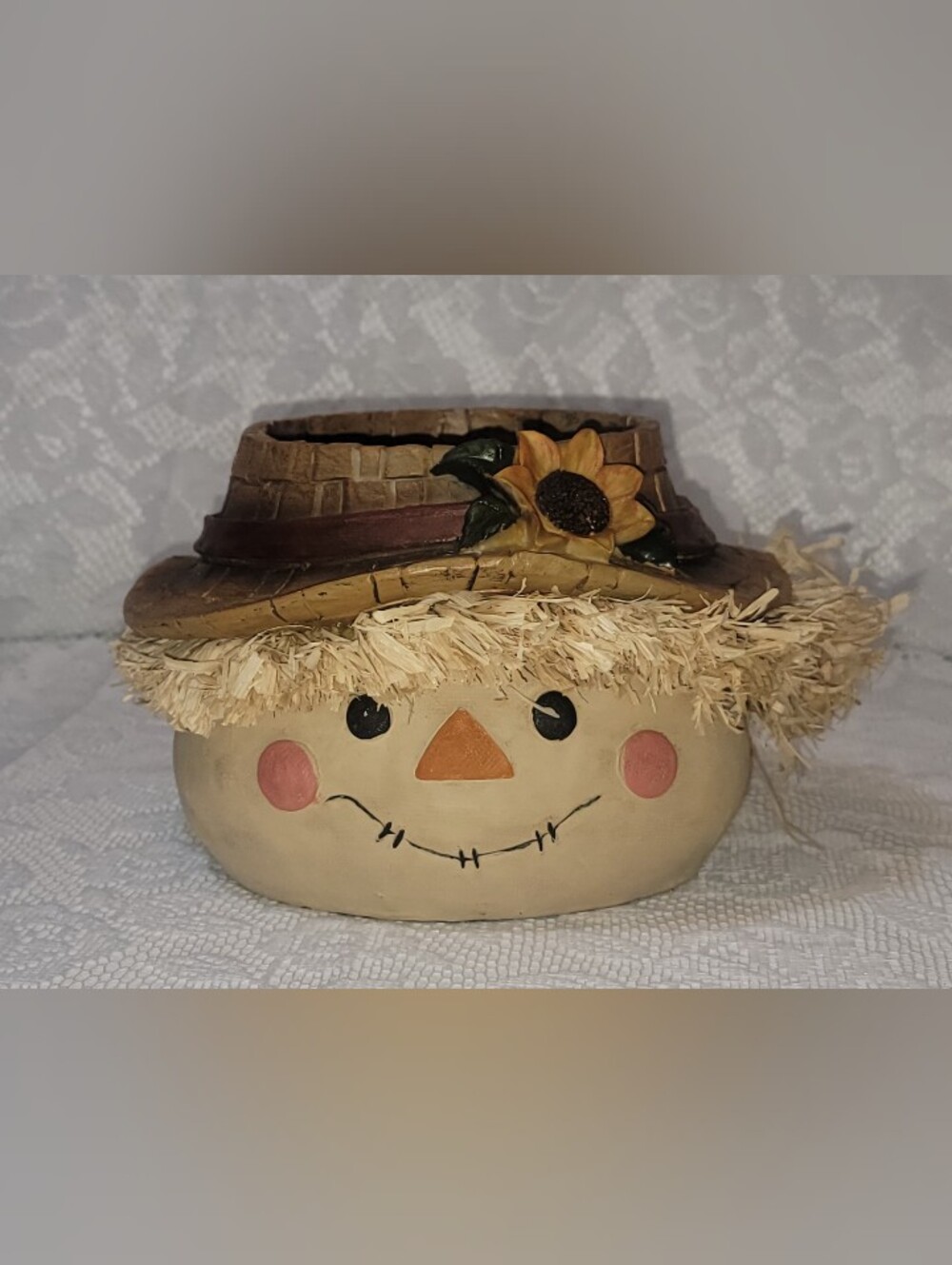 Vintage Halloween Scarecrow Resin Planter Treat Bowl Rustic Harvest Flower Decor